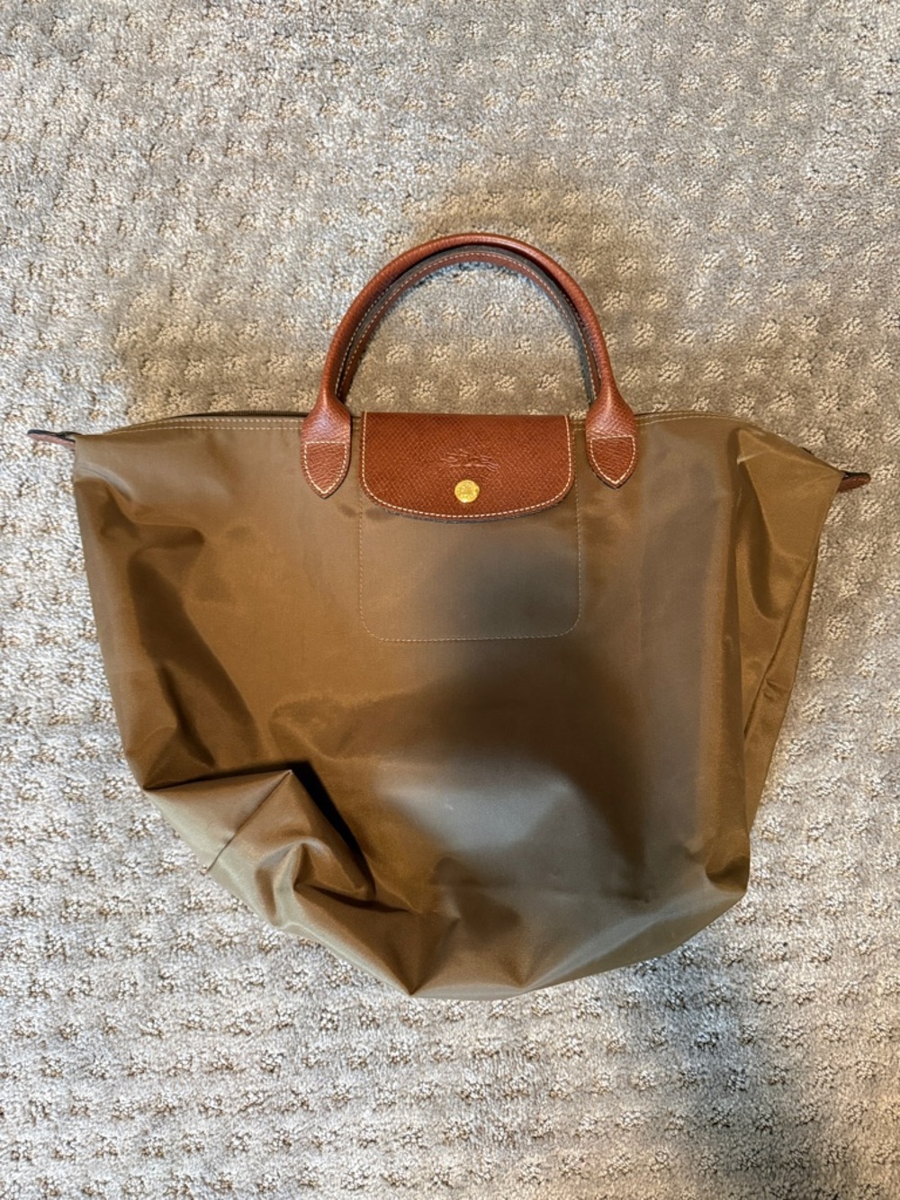 Longchamp dark green Nylon Tote with Tan Leather Trim